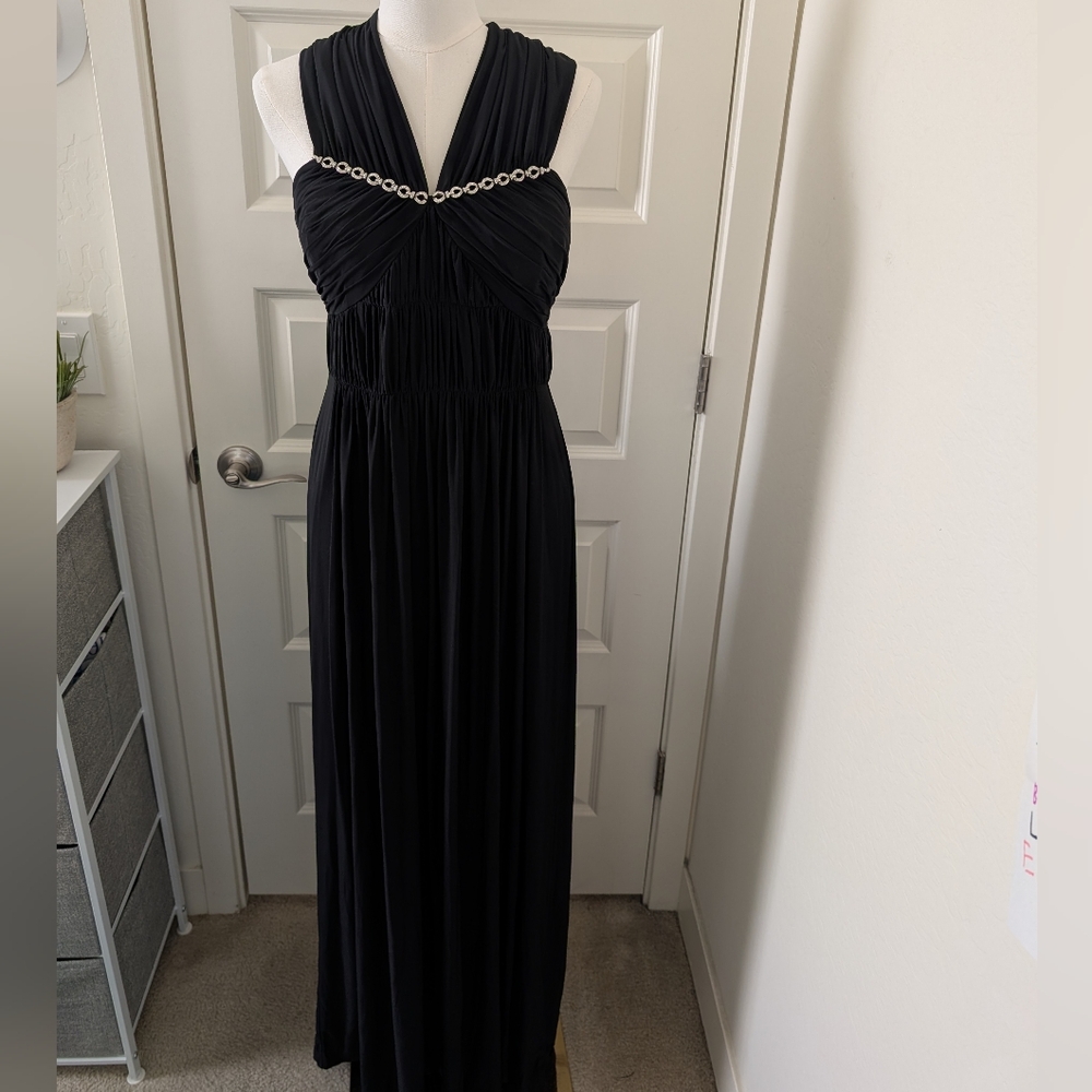 BCBGeneration Black Evening Gown Maxi Grecian Style with Rhinestones Size 12